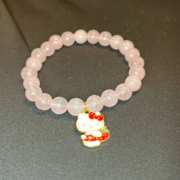 8mm Rose Quartz Hello Kitty Pendant Beaded Bracelet - Picture 2 of 4